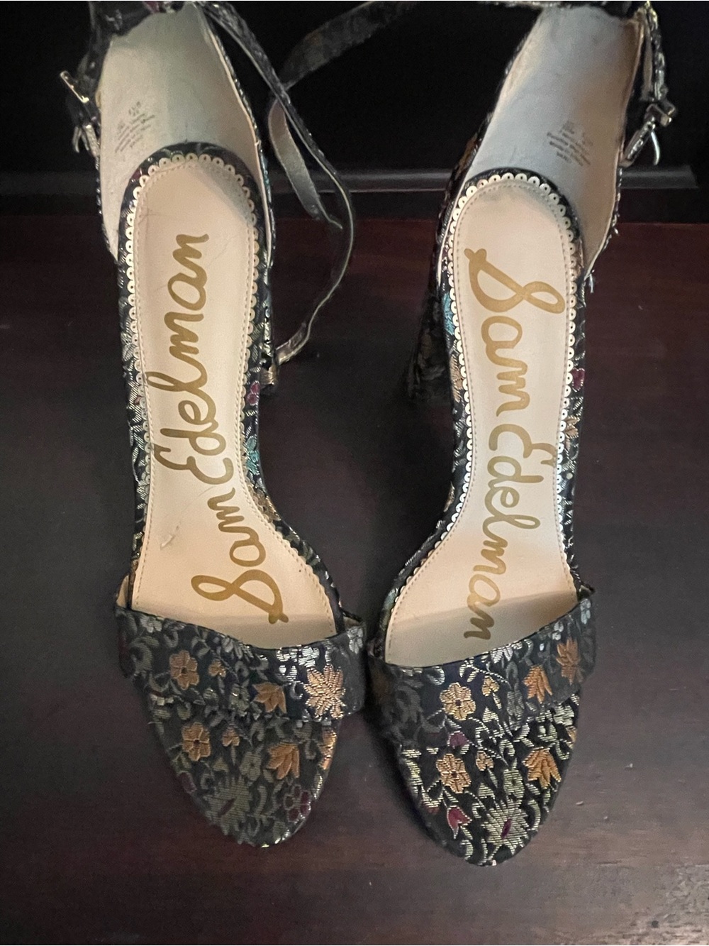 Sam Edelman Black Floral Embroidered Ankle-Strap Heels with Metallic Accents